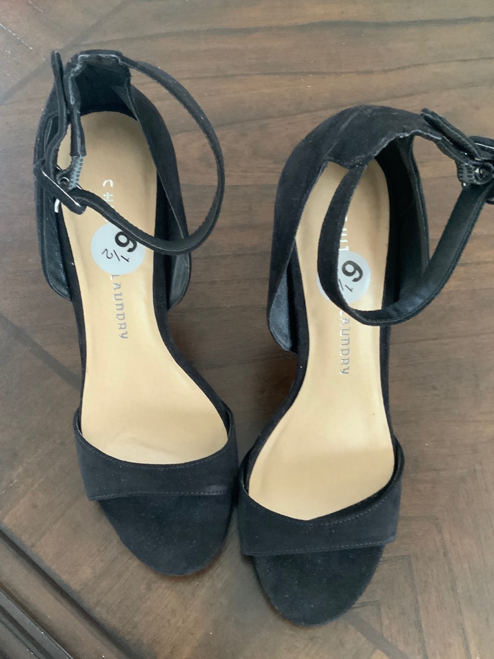 Chinese Laundry Black Suede Open-Toe Ankle Strap Heels